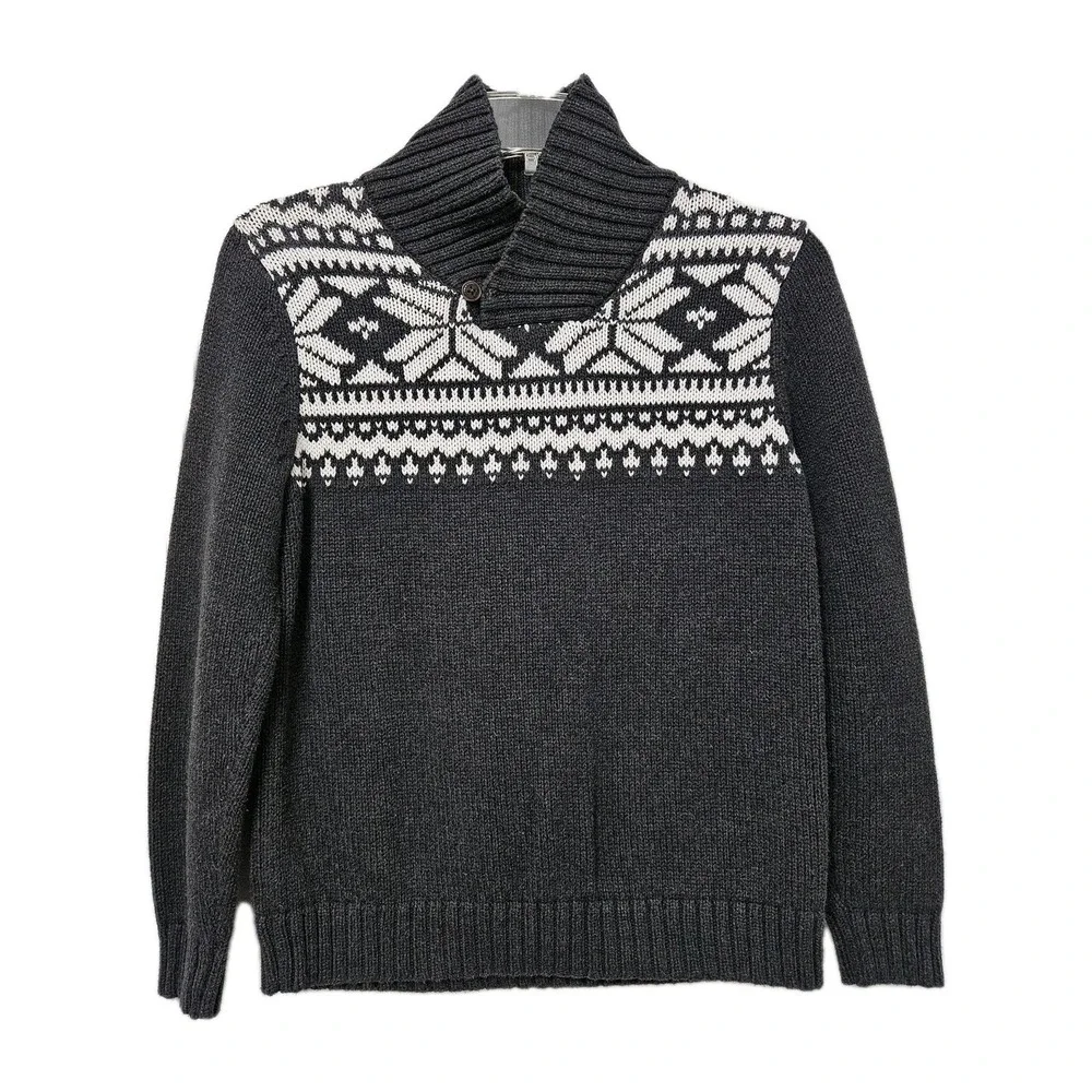 OshKosh B'gosh Sweater Kids 10/12 Gray Fair Isle Snowflake Shawl Collar Cotton